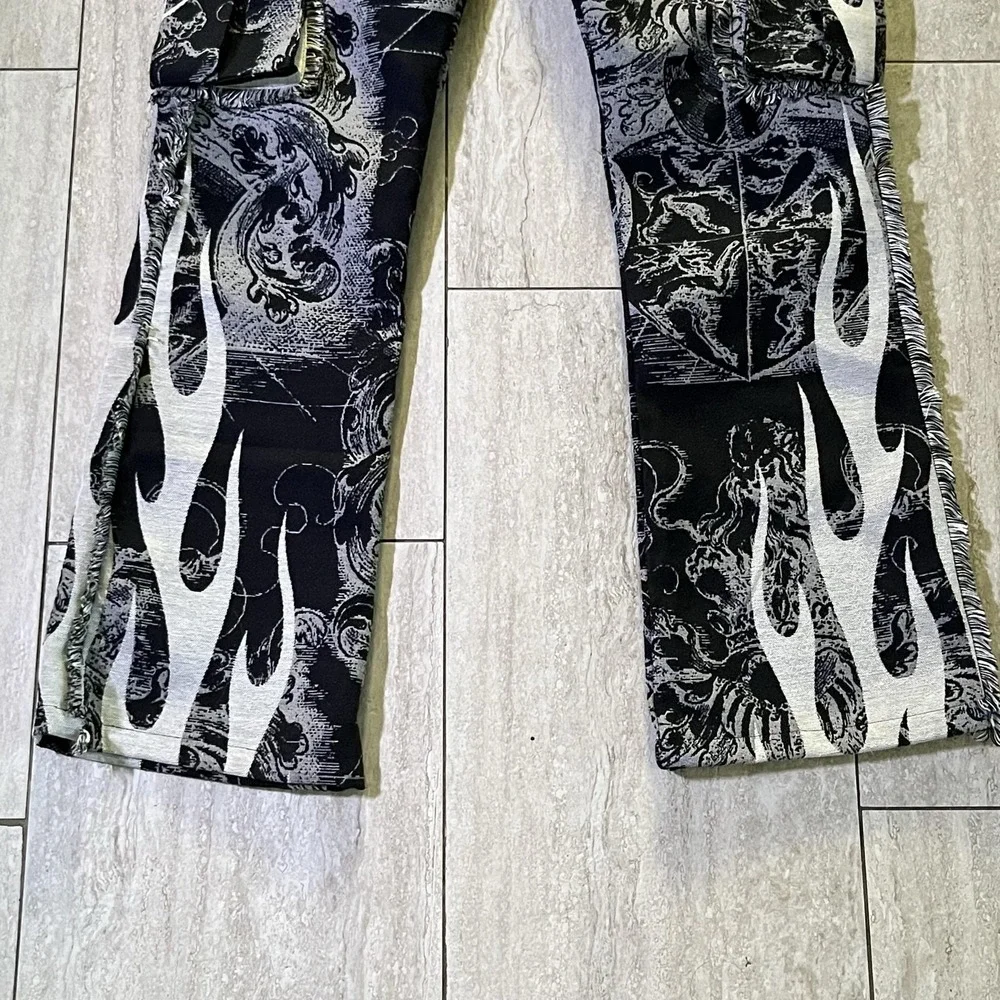 Rebel Vengeance Pants Mens 34x34 Black Flame Tapestry Cargo Gothic Stacked Fit
